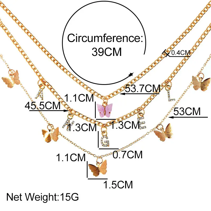 

Multilayer Gold Color Acrylic Metal Butterfly Charms Necklace For Women Rhinestone Angel Letters Pendants Chain 2021 New Jewelry