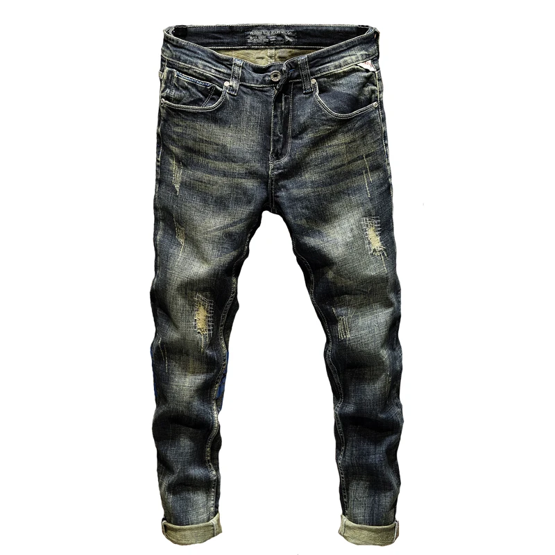 

Ripped Jeans For Men Skinny Slim Fit Light Blue Spring 2021 New Frayed Streetwear Hip Hop Denim Pants Patchwork Men's Trousers