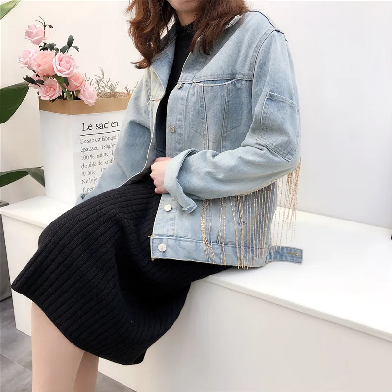 Новинка 2020 джинсовая куртка женские джинсы с бахромой и блестками Корейская