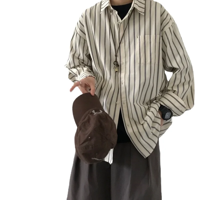 

Рубашка QIWN 2021 года в стиле ретро с длинными рукавами, рубашка с отложным воротником и длинными рукавами, полосатая рубашка, мужская рубашка, ...