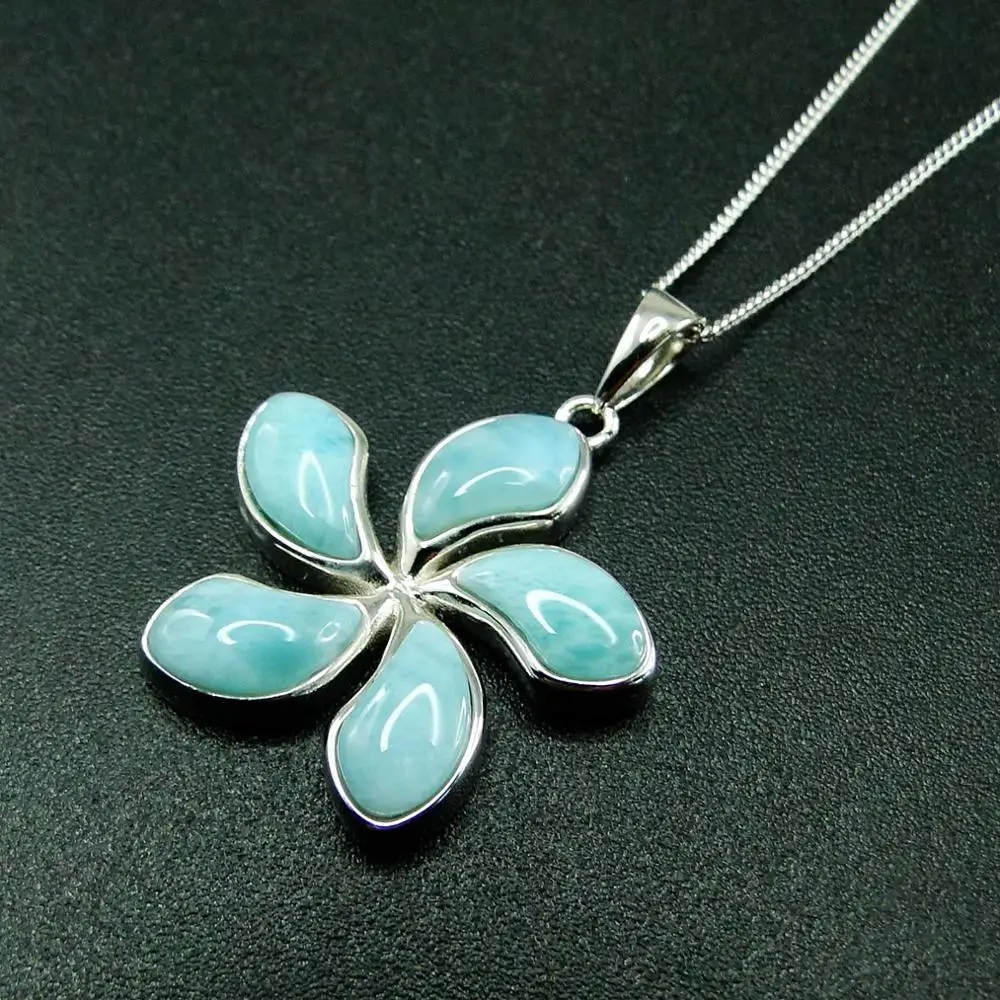 925 Sterling Silver Hawaiian Jewelry Natural Larimar 25mm Plumeria Flower Pendant Necklace For Gift |