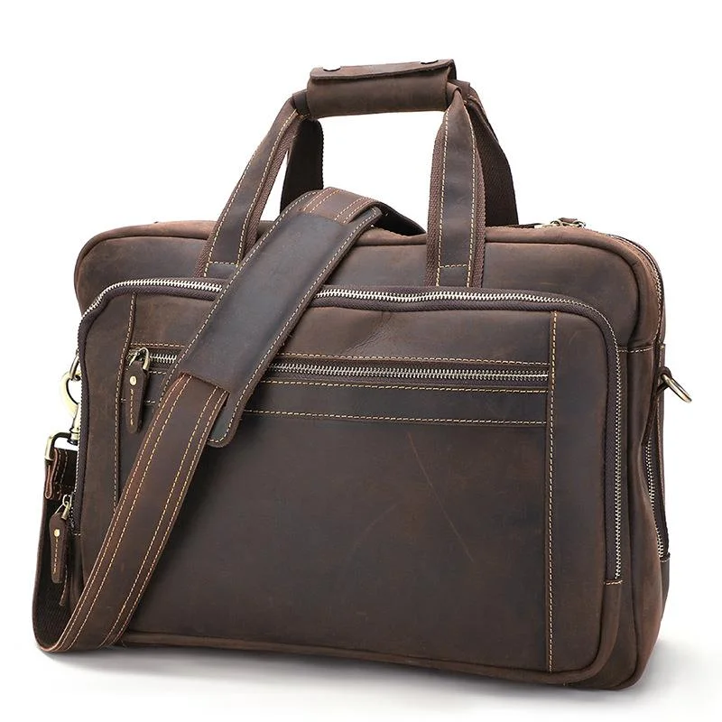 

Crazy Horse Leather Men's Briefcase Business Vintage Handbag Laptop Bags Casual Large Capacity Shoulder Messenger Bags