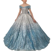 princess little girls dress evening party vestidos de gala long kids ball gown blue sequin glitz flower girls pageant dresses