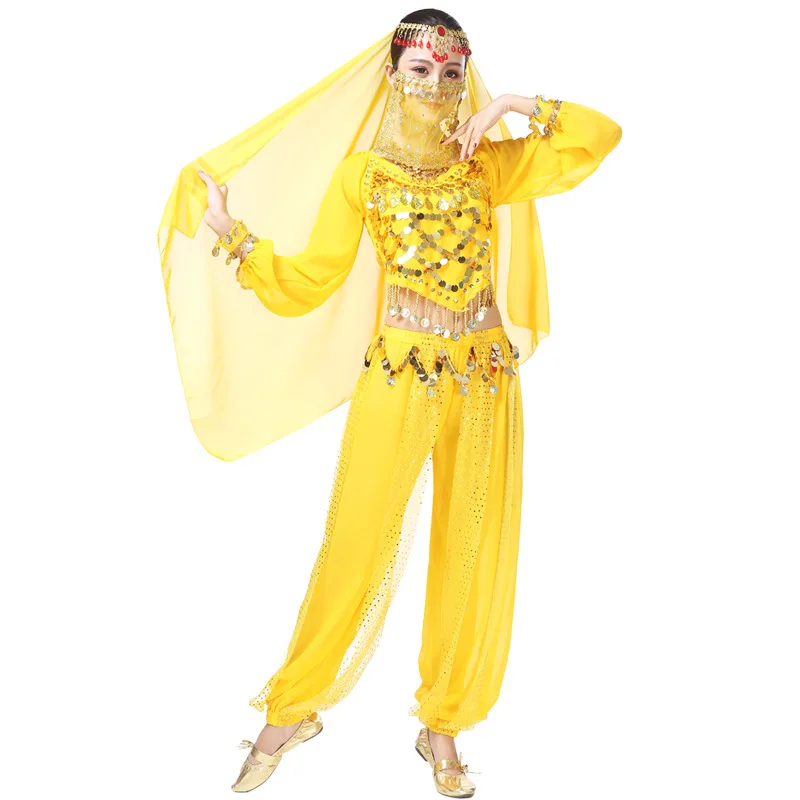 Индийский танец сари живота юбка костюм для женщин шифон 5 шт. Болливуд набор