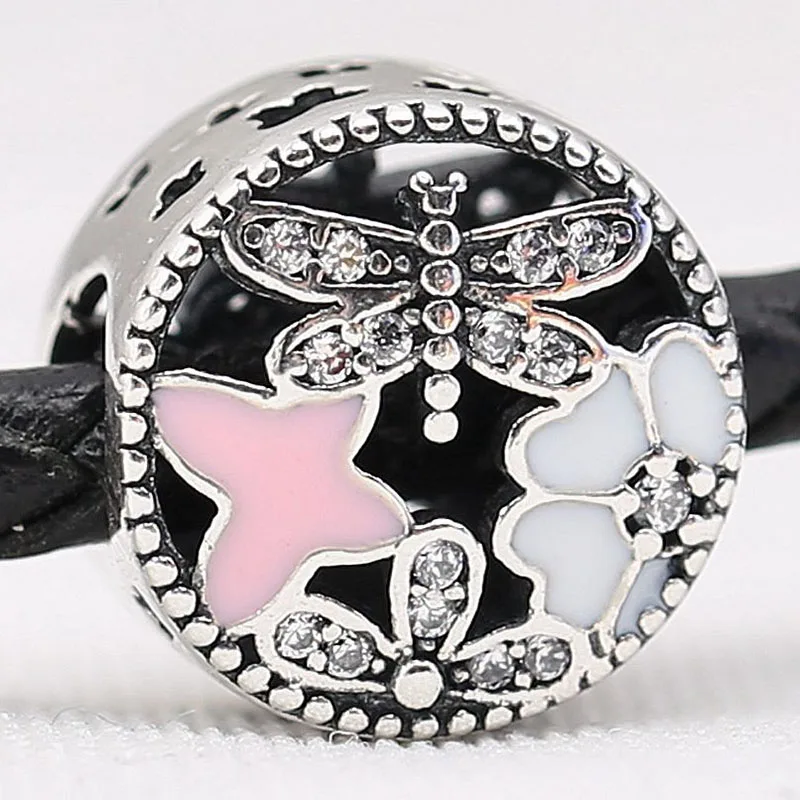 

100% 925 Sterling Silver Pink Enamel With Crystal Butterfly Flower Beads Fit Pandora Women Bracelet & Necklace Diy Jewelry