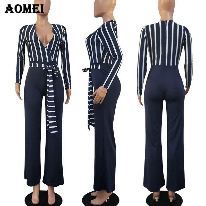Женский комбинезон в полоску элегантный повседневный с V-образным вырезом и