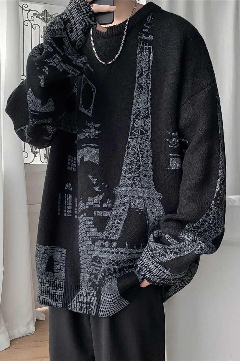 

Large Size Men's Knitting Wool Pullover Printed O-neck Long Sleeve Loose Fashion Persoanlity Stretchy Spring Autumn Male Sweater