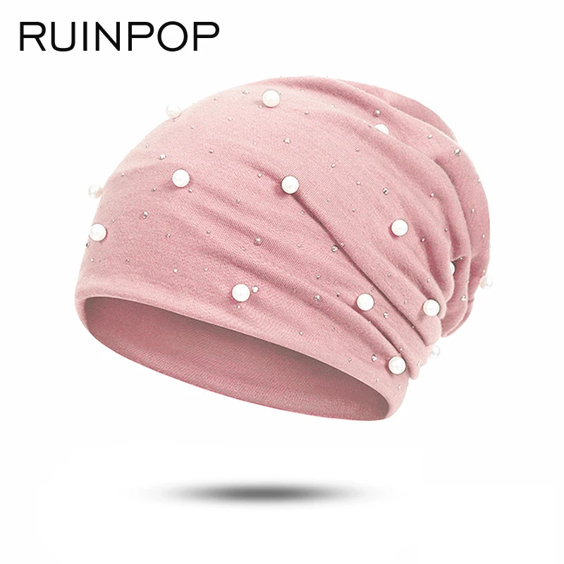 RUINPOP женская шапка в повседневном стиле, Блестящий Жемчуг, стразы, шапочки, шапка женская, Осень-зима, Skullies Beanies, однотонная шляпа