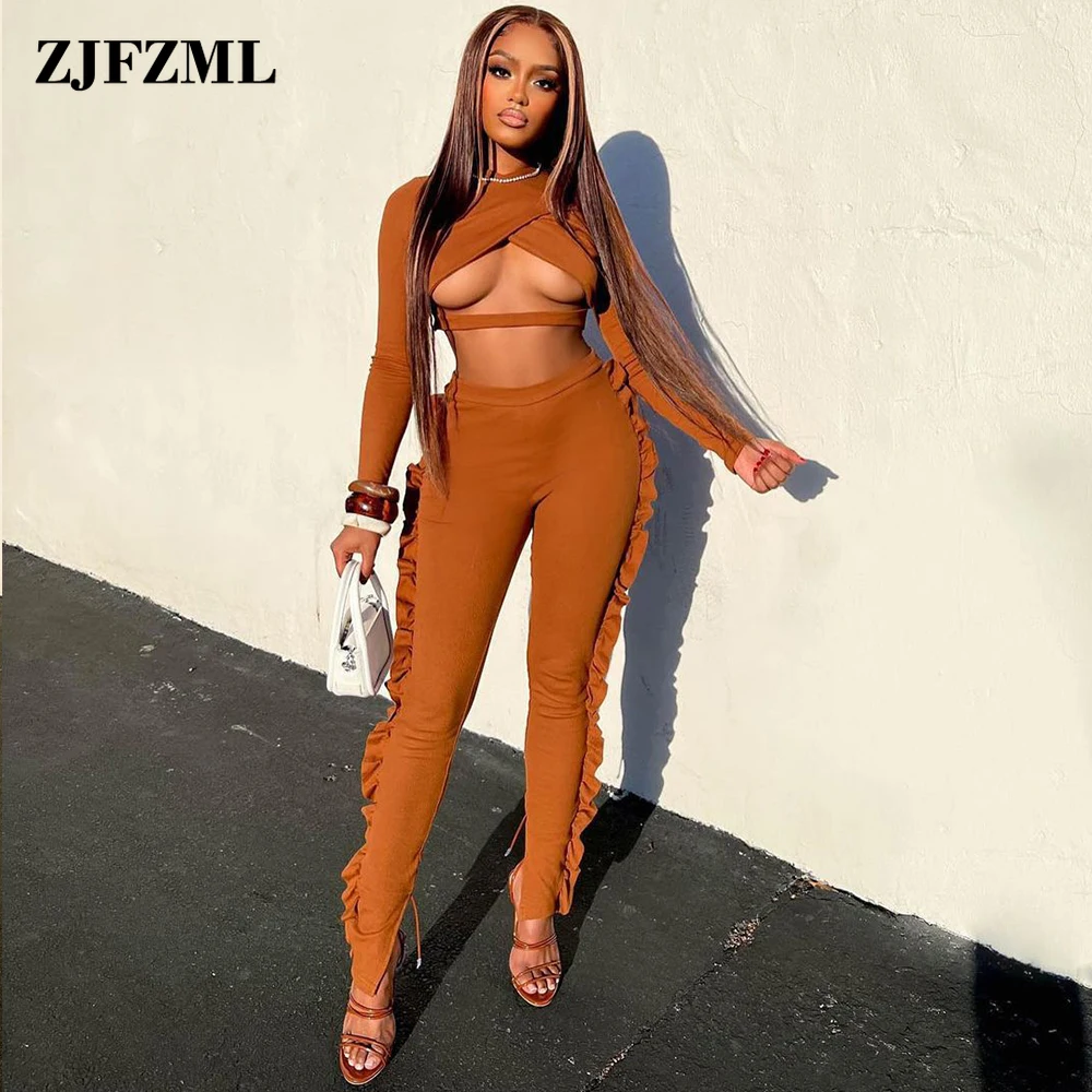

Orange Black Red Women Fitness Two Piece Matching Sets Cleavage Long Sleeve Crop Top and Side Cascading Ruffles Jogger Trousers