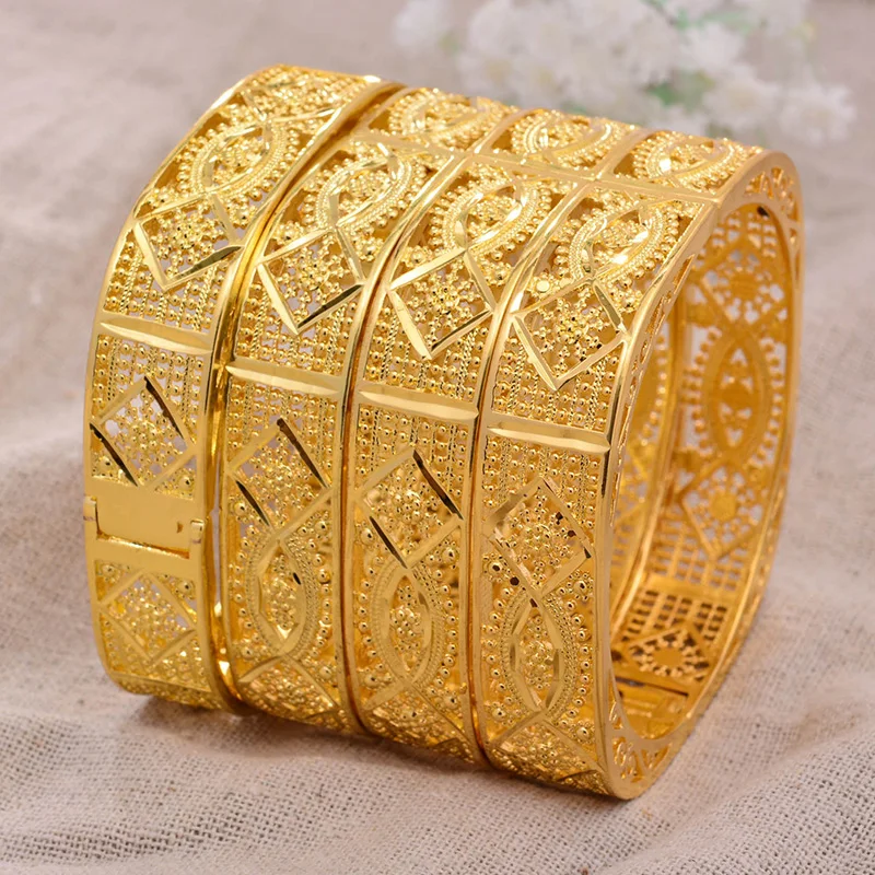 

24k Dubai 4Pcs/lot Gold Color Bangles for Women Bride Wedding Ethiopian Bracelet Africa Bangle Arab Jewelry Gold Charm Bresslate