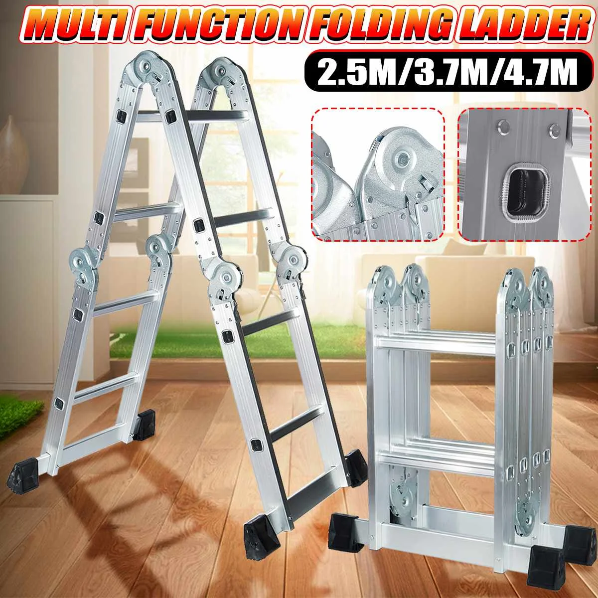 

4.7m Folding Heavy Duty Aluminium Alloy Step Ladder Multi-Purpose Telescoping Duty-Ladder-330lbs-w-Anti-slip-Safety