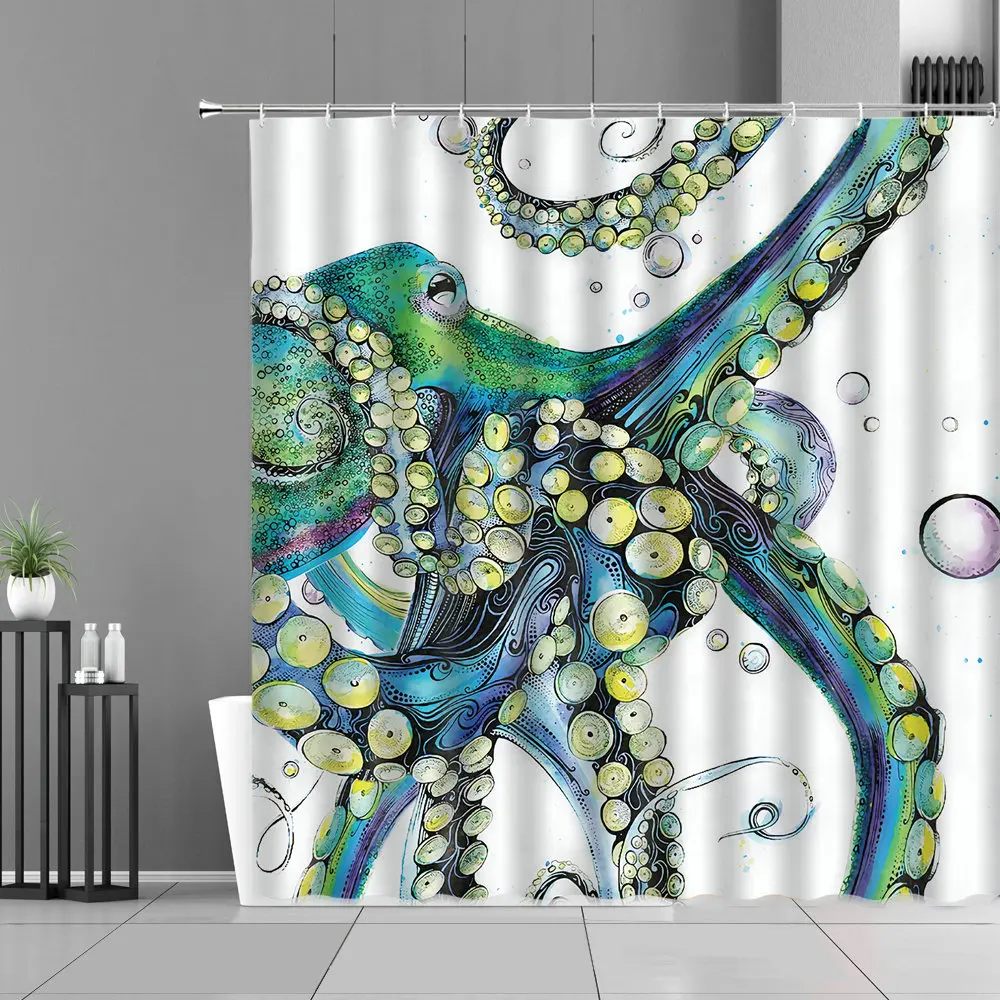 

Занавеска для душа в ванную комнату, цветная модная занавеска из полиэстера в форме осьминога, для ванной комнаты, акварель, морской монстр, с крючком