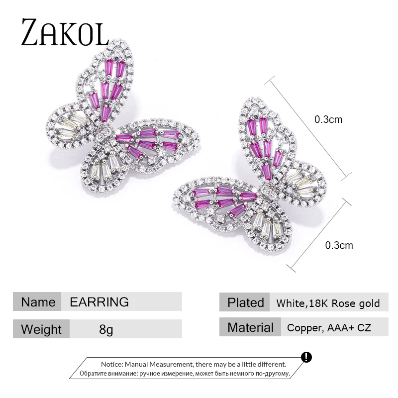 

ZAKOL 4 Color Hot Sale Popular Cute Korean Butterfly Stud Earrings for Women Luxury CZ Zirconia Wedding Fashion Jewelry FSEP3083
