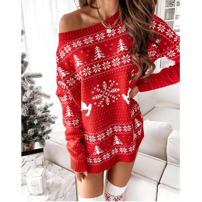 2021 Women Christmas Sweater Dress Autumn Winter Long Sleeve Off Shoulder Kniteed Casual Pullover Oversized Fashion Jumper