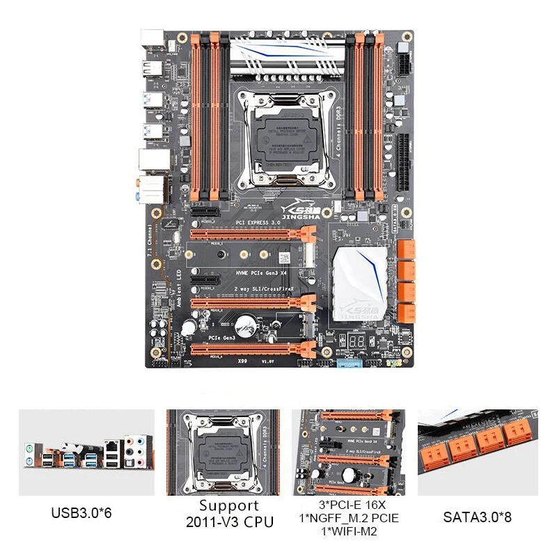 Материнская плата JINGSHA X99 Lga 2011 V3 4 канальная Ddr3 256 ГБ ОЗУ M.2 Ssd Sata3.0 Usb3.0 Pcie 16X для Intel I7