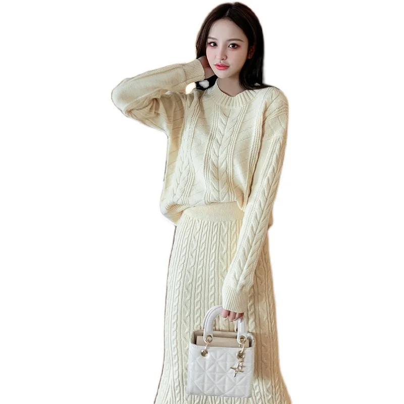 

autumn winter women Korean style twist coat skirt fashion knitting sweater outfit 2 pcs set clothing