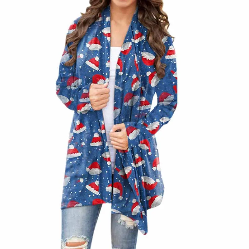 

Зимнее пальто 2021 года, женское рождественское пальто-кардиган с принтом Санта-Клауса, куртки, женские топы, пальто больших размеров, повседн...