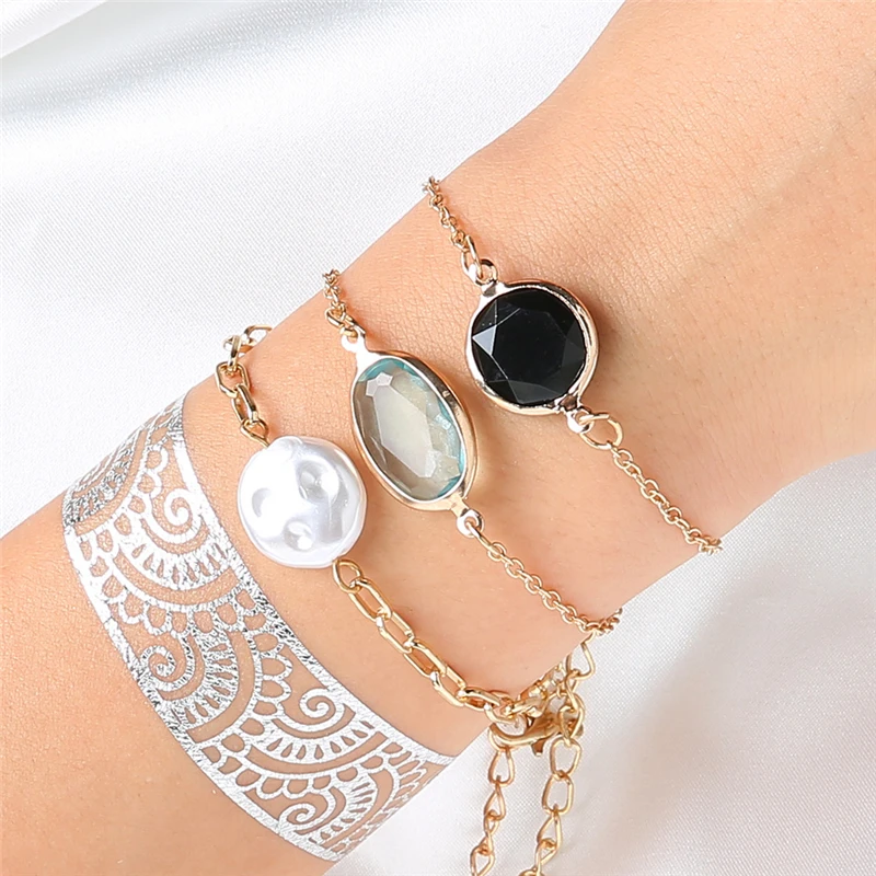 

3pcs/set Temperament Multicolor Gemstone Pearl Bracelet Set Fashion Creative New Women Jewelry