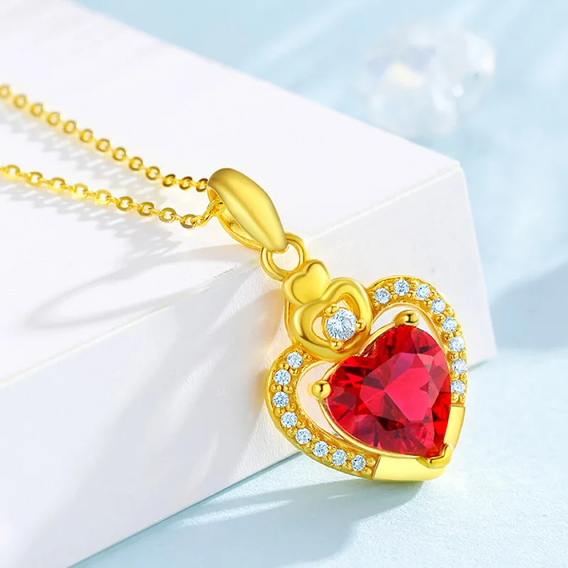 

Vintage Female Love Heart Pendant Necklace Charm Gold Color Chain Necklace Cute Red Zircon Stone Wedding Necklaces For Women