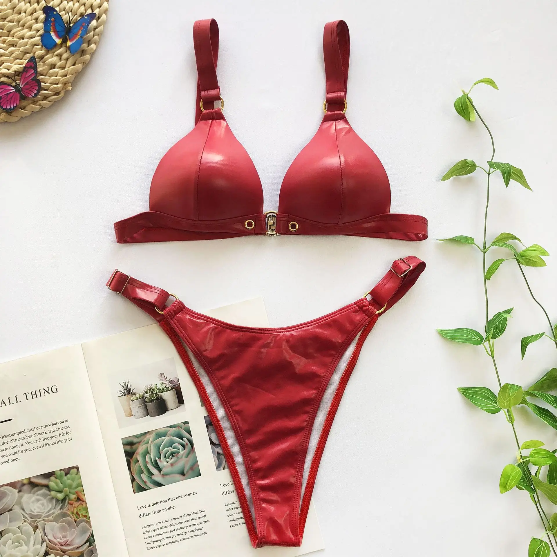 Сексуальное однотонное бикини из двух частей новинка 2020 кожаные Купальники пуш