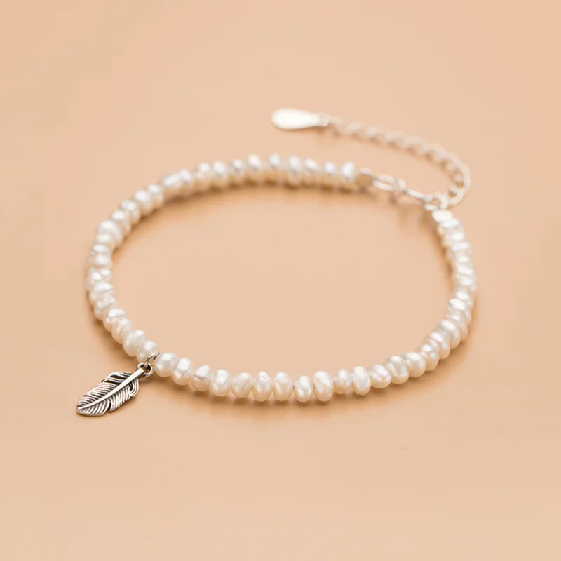 

PONYKISS S925 Sterling Silver Natural Pearl feather Chain Bracelets for Woman Party Fine Jewelry Accessory Minimlist Gift