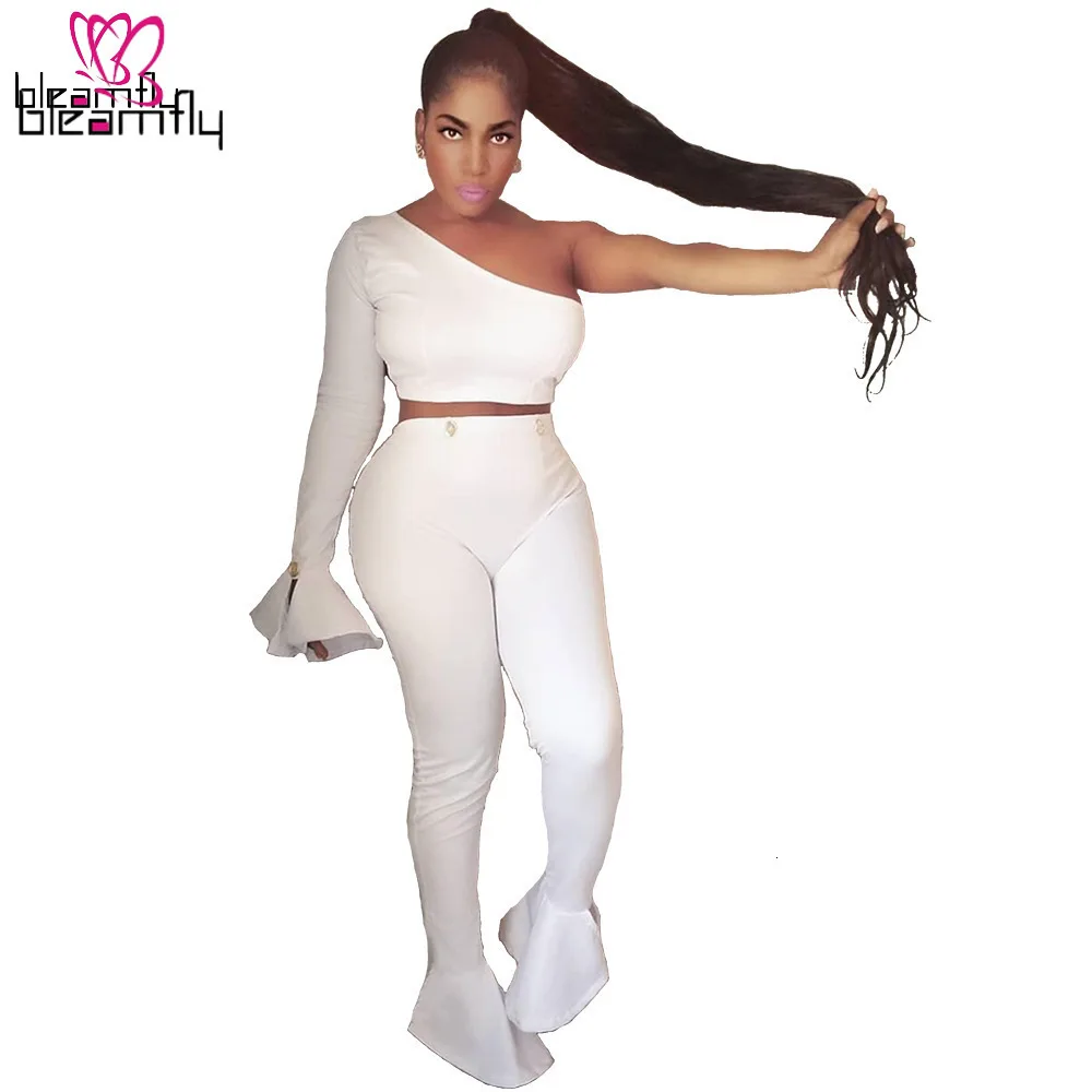 Осенне летний женский костюм на одно плечо расклешенный топ с длинным рукавом