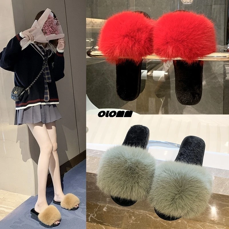 Женские разноцветные шлепанцы с искусственным лисьим мехом Модные пушистые