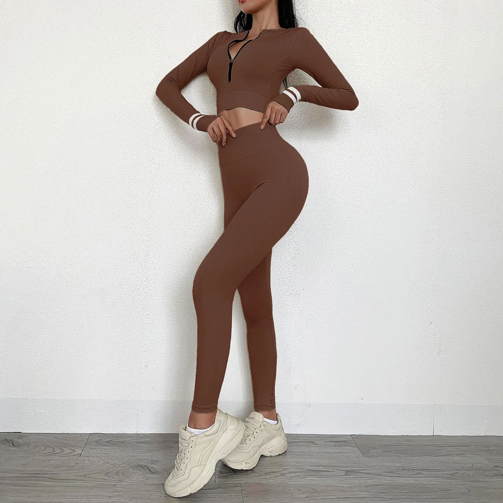

Womens Seamless Yoga Sets Long Sleeve Top Zipper Coat Sports Leggings Suit Workout Sportswear Gym Clothing Tracksuit 2020
