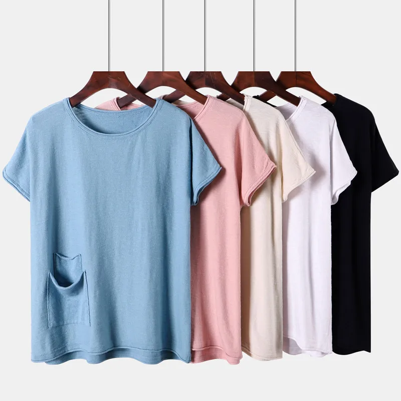 Вязаная футболка женская camiseta mujer свободные карманы Летняя одежда женские