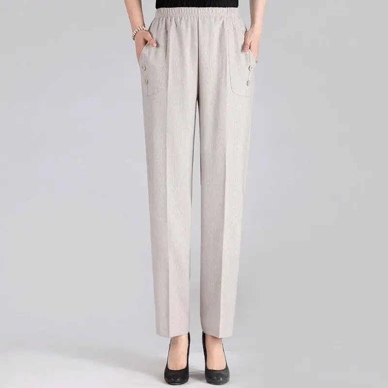 Брюки женские для среднего возраста свободные хлопково-льняные прямые штаны