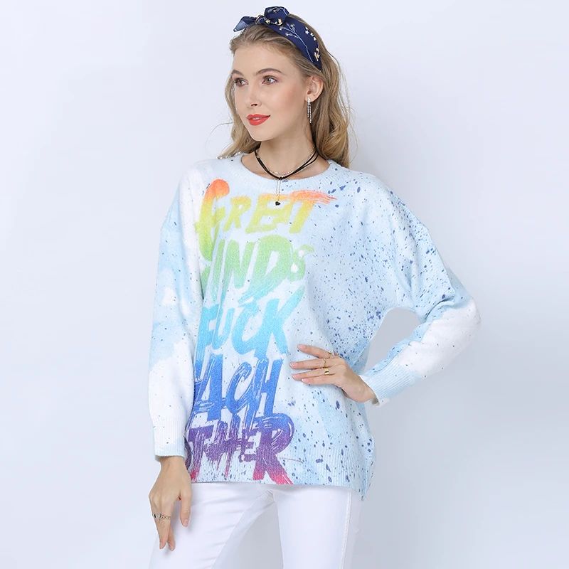 Women's Pullovers Sweater Oversized Letter Print O Neck Loose Knitted Sweaters Womens Clothes Tops Sueter Mujer Invierno | Женская
