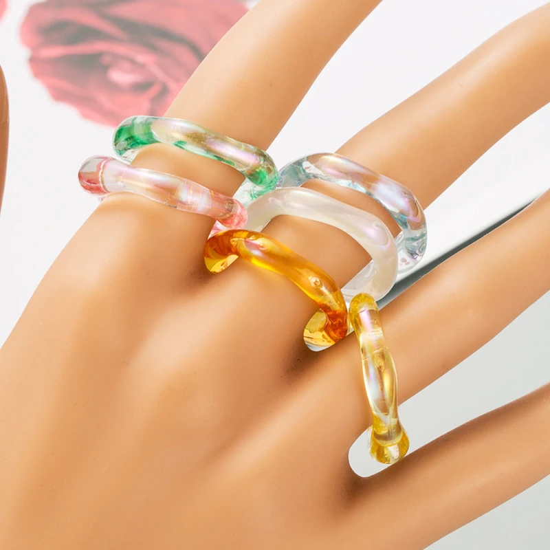 

6Pcs New Korean Resin colourfulTransparent Acrylic Ring Small Flower Simple Geometric irregularFinger Ring Female Two-piece Set