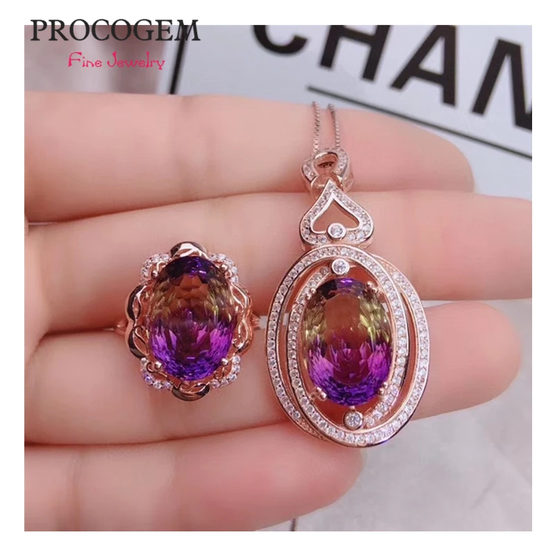 

Модные Ювелирные наборы с птичьим гнездом, Аметрин, для женщин, вечерние, подарочное ожерелье, кольцо 10x14 мм, драгоценный камень, ювелирные у...