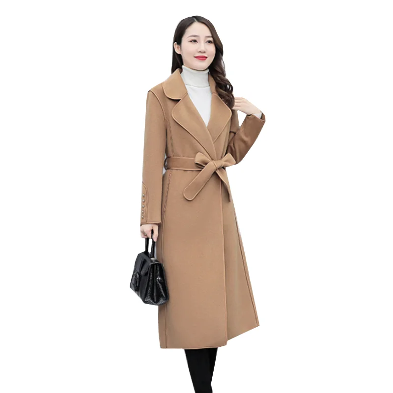 

2022 осень-зима высококачественное шерстяное пальто для женщин Корейская Двусторонняя кашемировая Длинная шерстяная куртка на шнуровке жен...