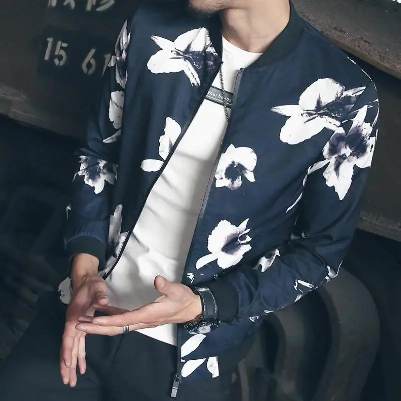 Осенне-зимняя мужская куртка в стиле хип-хоп приталенная пилота с цветочным