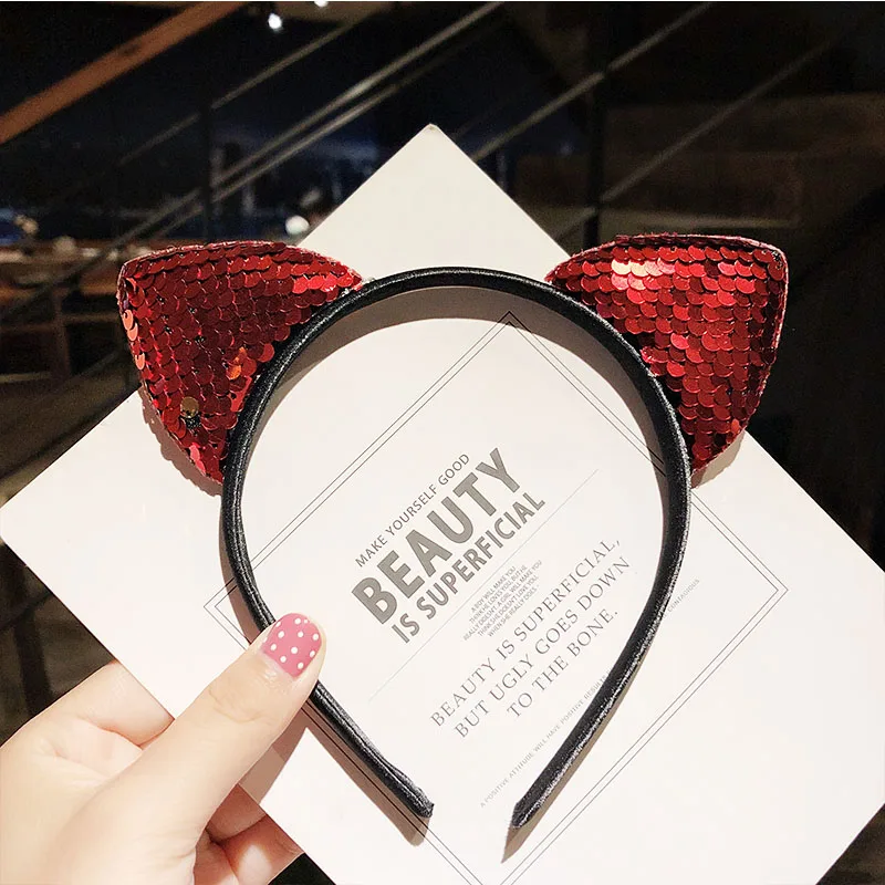 red cat ears Новые милые разноцветные Блестки для девочек с бантом и кошачьими ушками, ободки для волос, прекрасный орнамент для волос, праздничный обруч, модные детские аксессуары для волос - Цвет: red cat ears