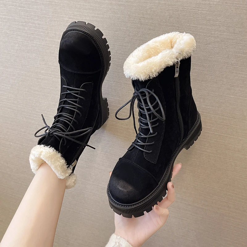 

Woman Thick Plush Winter Shoes Ladies Botas De Mujer British Platform Ankle Boots For Women Round Toe Non-slip Warm Snow Boots