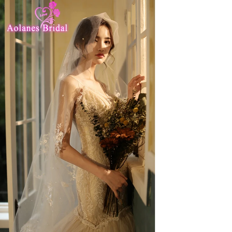 2019 New Design One Layer Bride Mask Veil 3x3.5meters Pearls Blings Sparkling Lace Edge No Combo Wedding Customiza Bridal Veils
