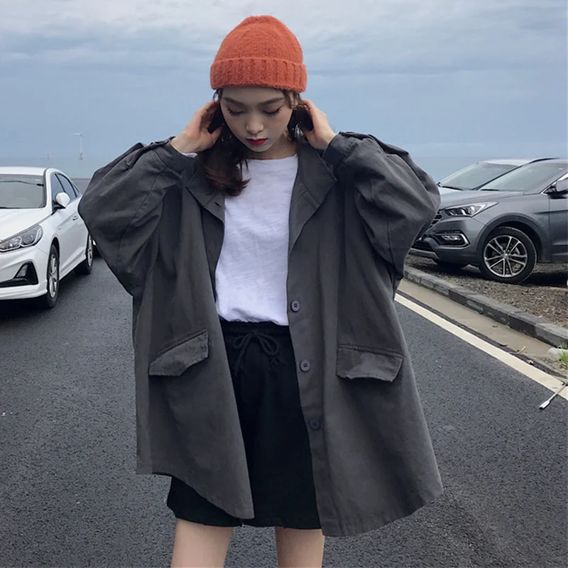 Trench Women Fashionable Gothic Japan Style Harajuku High Street Streetwear Solid Turn-down Collar Retro Bf Casual Coats Chic | Женская