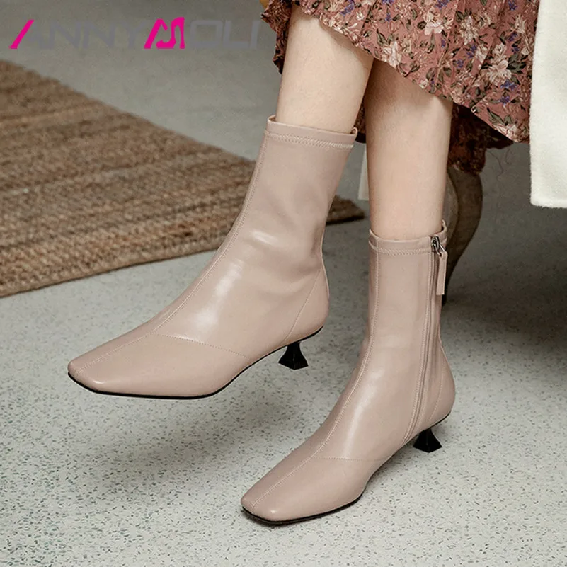 

ANNYMOLI Woman Boots Med Heel Ankle Boots Stiletto Heel Short Boots Zipper Square Toe Female Shoes Autumn Winter Black Apricot