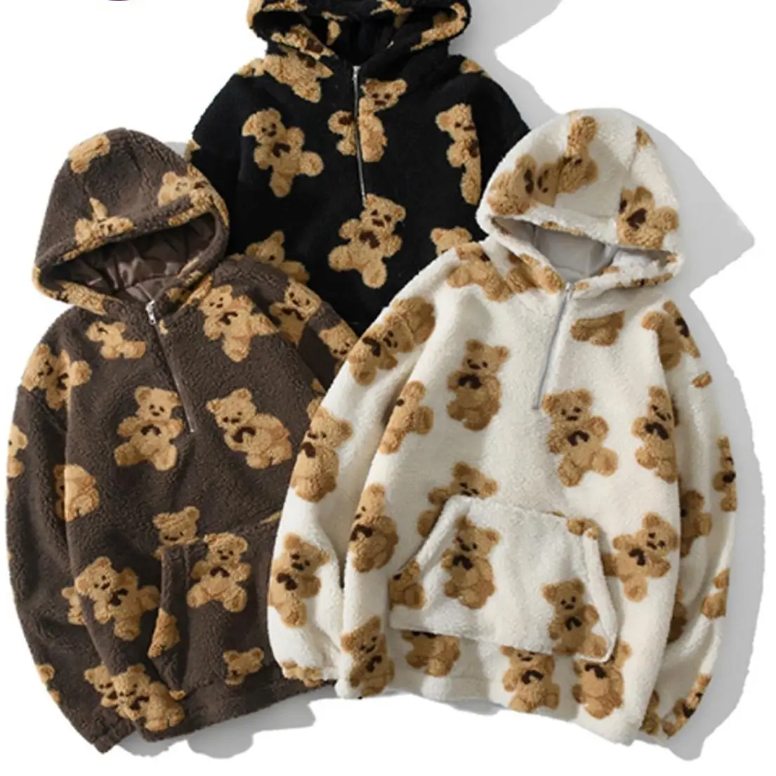 

Hip Hop Lambswool Jacket Bear Print Pullover Hooded Hoodies Men Harajuku Streetwear Oversized Couple Hoodie Coat Outwear Winter