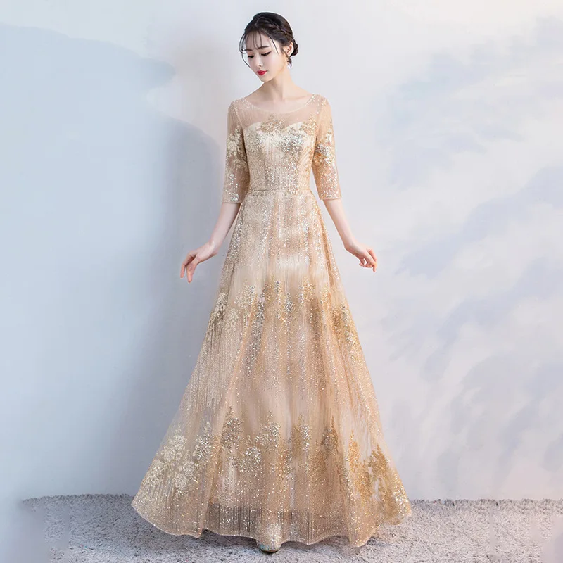 

Off Shoulder Dress sexy charming Female Qipao Wedding Bridesmaid Dress Vintage hot sale Golden cheongsam modern dress