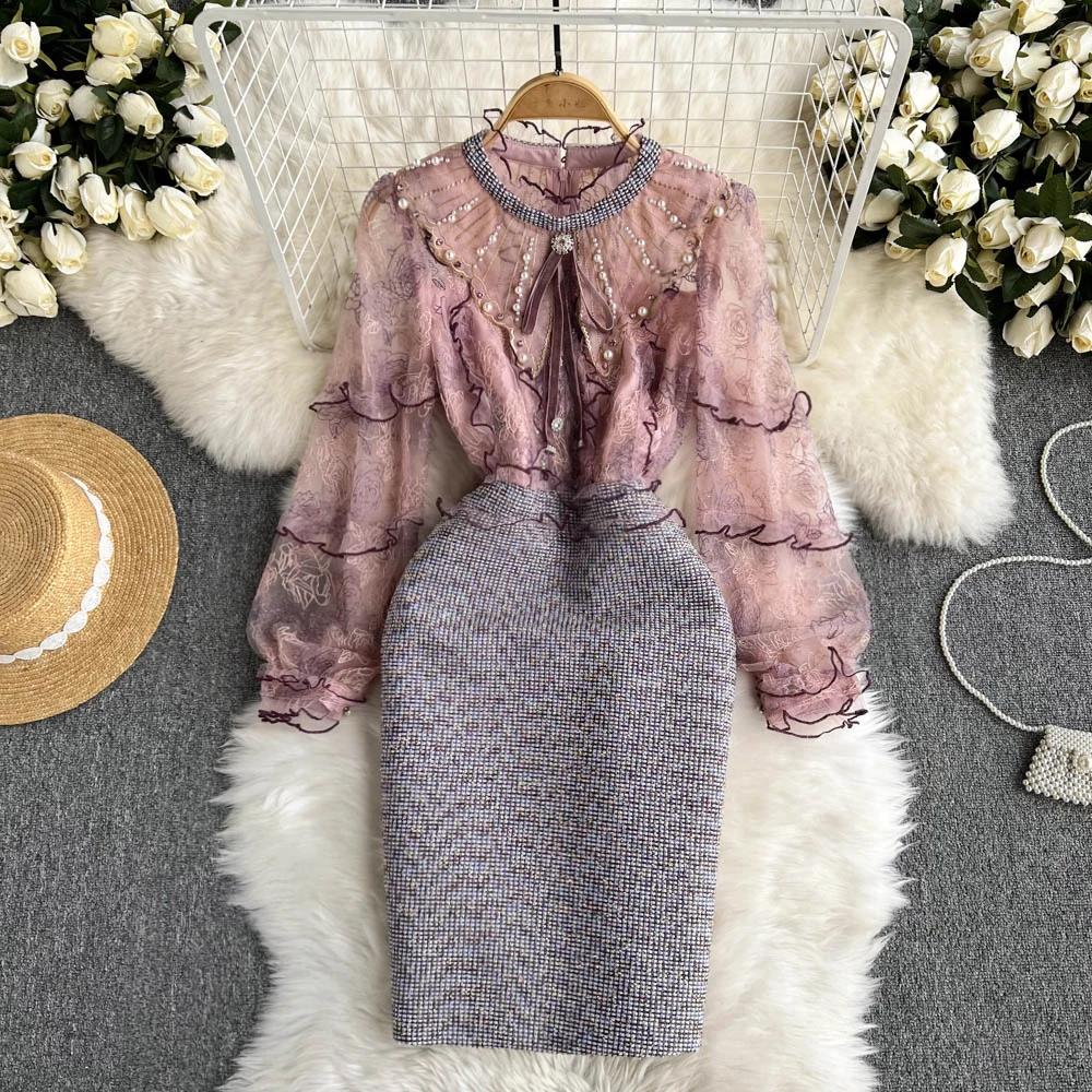 

C227 Women New Fashion Autumn Winter Stand Neck Perspective Mesh Bead Stitching Long Sleeve Elegant Dress Vintage Vestidos