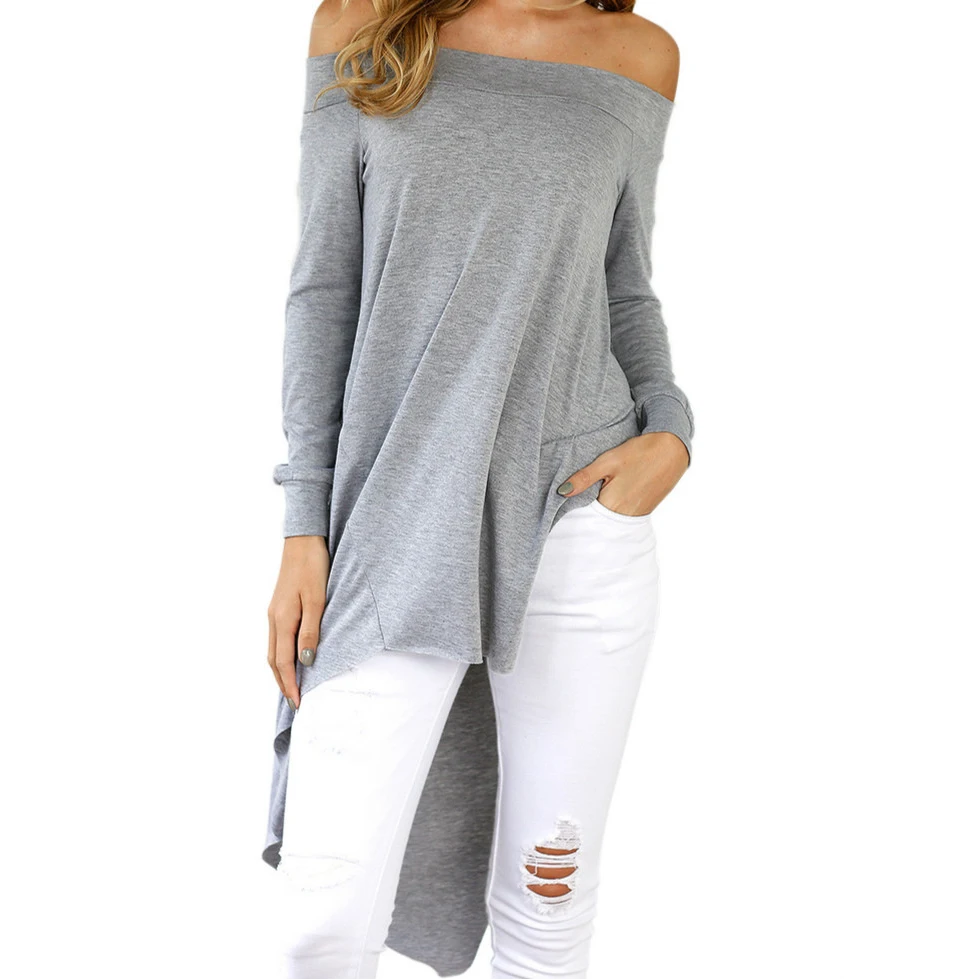 Зимние Для женщин блузки с вырезом лодочкой Asymmetrical Tunic повседневная женская обувь рубашки Blusa пикантные с открытыми плечами осень Топ Плюс Размеры GV1026