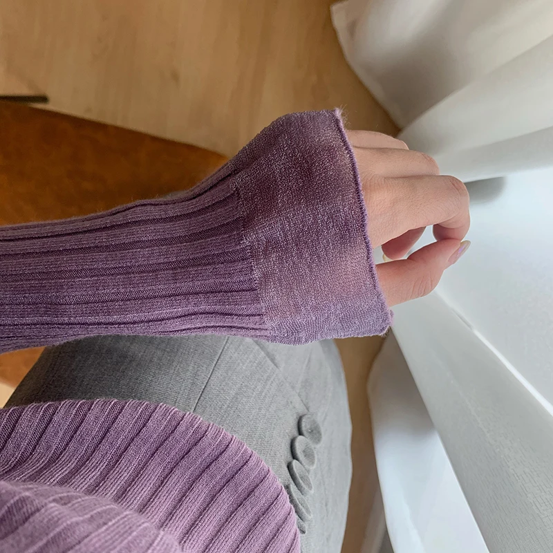 

2021 Women Knitted Sweater Pullovers Half Turtleneck Autumn Winter Basic Sweaters Slim Fit Purple Warm Bottom Flare Sleeve Tops