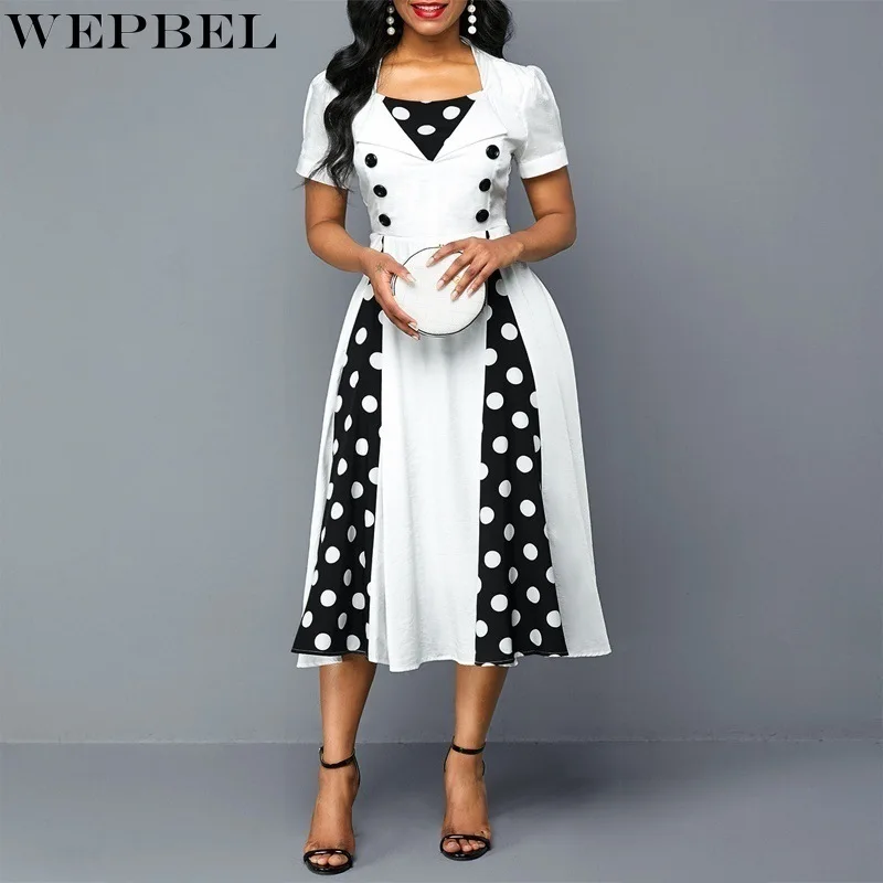 

WEPBEL Women's Vintage Dotted Prints Stitching Dress Summer Fashion Short Sleeve V-neck Slim-Fit Buttoned High Waist Dress