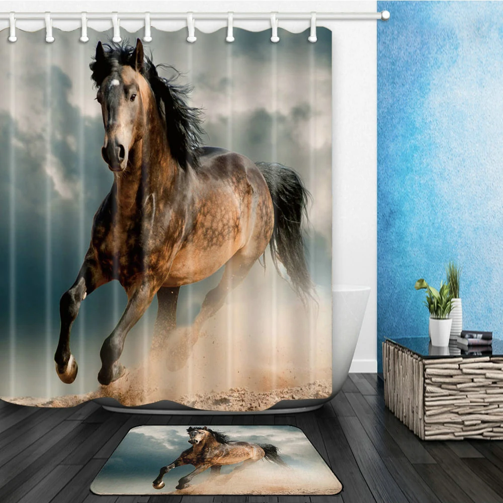 

Black Brown Horse Shower Curtains Set Strong Animal Running Bathroom Decor Home Bathtub Waterproof Curtain and Flannel Carpet