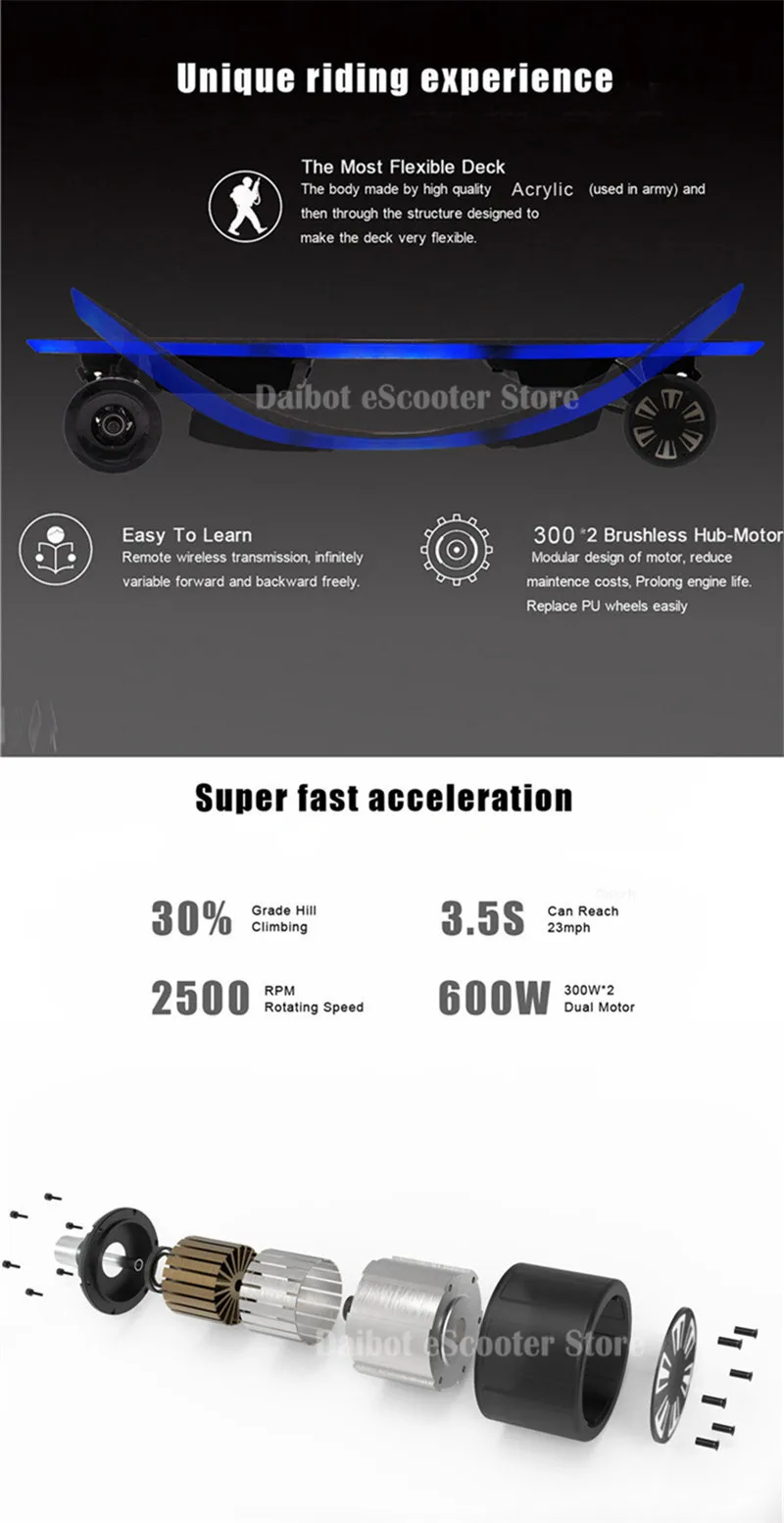 Daibot четырехколесный электрический самокат, 4 колеса, электрические самокаты 600 Вт, максимальная скорость 35 км/ч, электрический скейтборд для взрослых, самокат