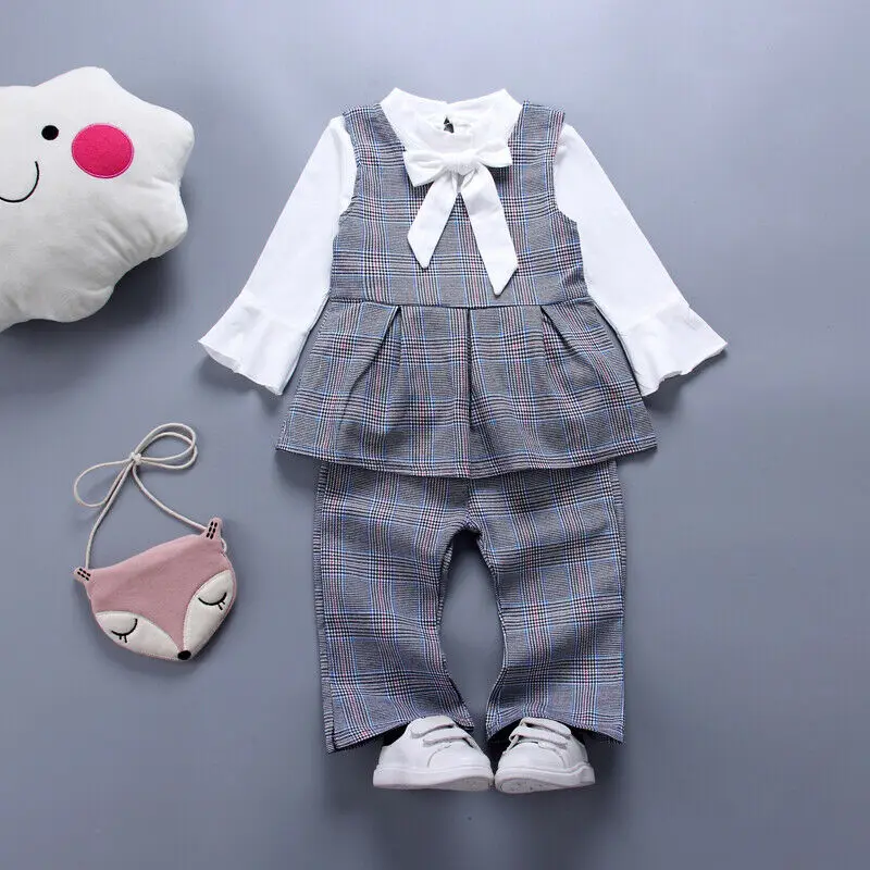 3 шт. хлопковая рубашка в клетку с длинным рукавом и бантом|Комплекты одежды для