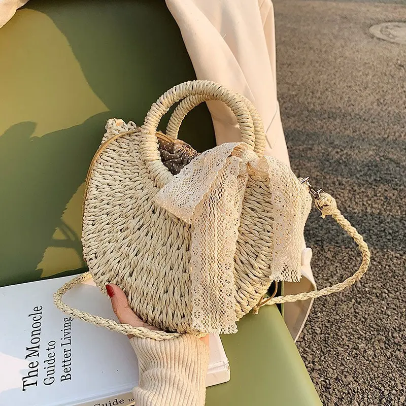 Summer Brand Straw Bag Women Hand-Woven Handbag Moon Shape Lace Bow Rattan Bag Drawstring Casual Beach Shoulder Crossbody Bag